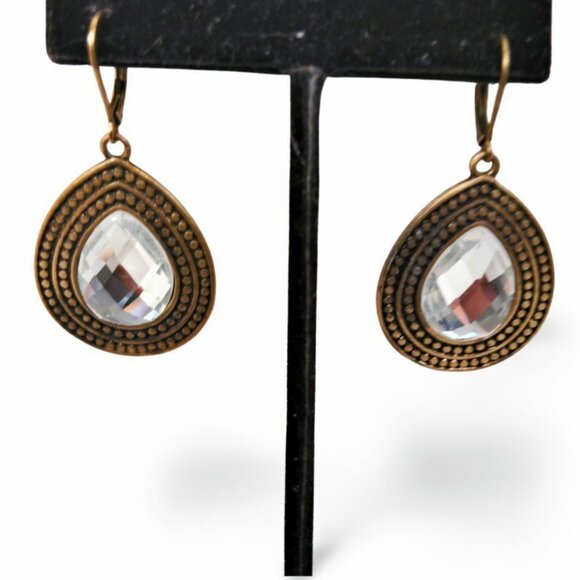 Earthy Chic Faceted Crystal Teardrop Dangle Oxidized Gold Drop Earrings JW1531 - Picture 2 of 5
